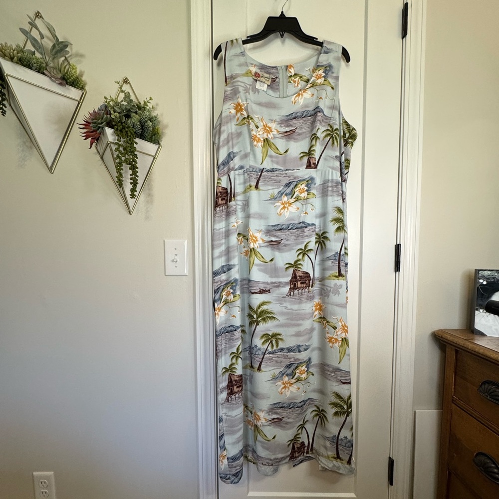 Hilo Hattie Light Blue Tropical Maxi Dress with Yellow & Green Print